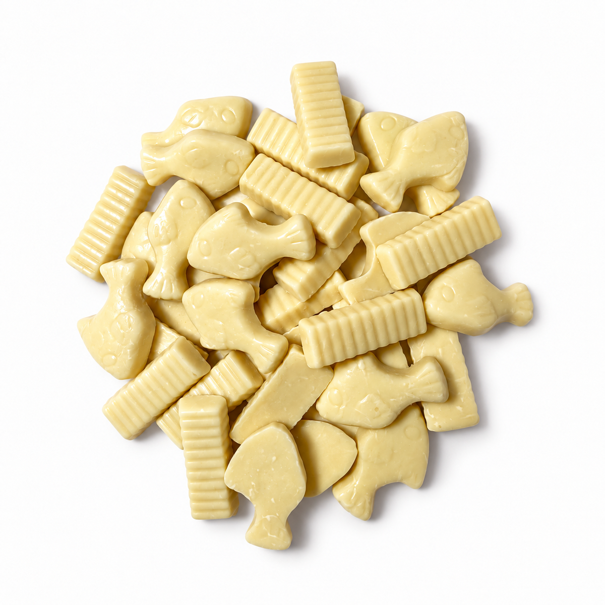 1kg bag of Hannah’s white-chocolate-flavoured fish and chip sweets