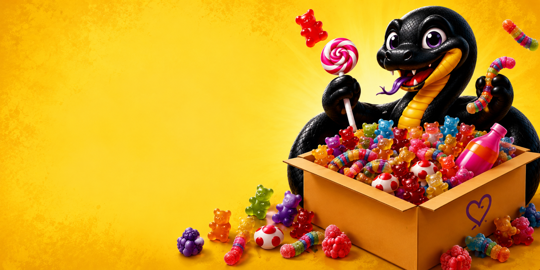 Black Mambas snake beside a box overflowing with colourful pick and mix sweets